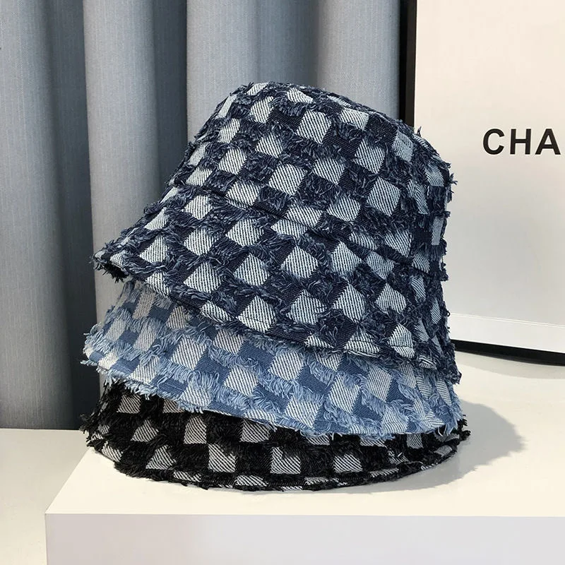 Fashion Summer Checked Board Cotton Jeans Bucket Hat Cap For Women Wide Brim Plaid Fisherman Hat Cap Outdoor Sunshade  Gift