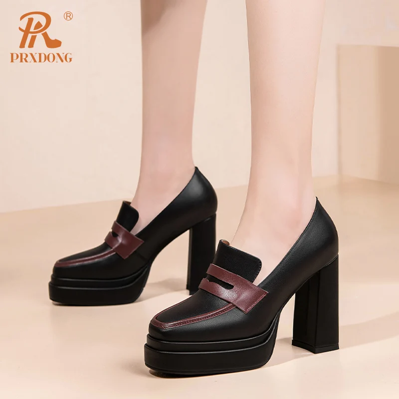 PRXDONG 2024 New Classics Genuine Cow Leather Spring Summer High Heels Platform Black Beige Dress Party Work Lady Pumps Shoes 39