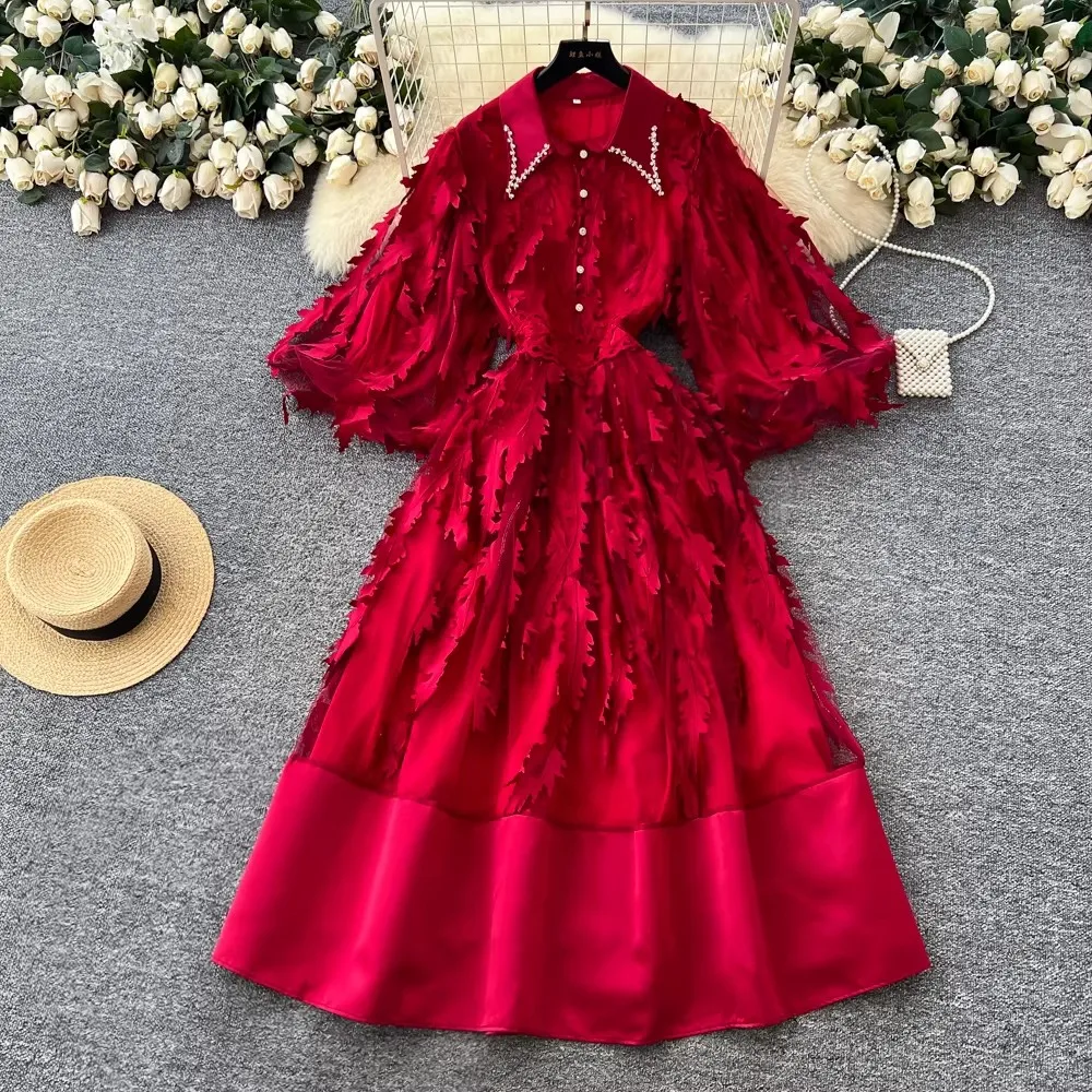Elegant Leaves Embroidery Mesh Prom Long Dress Fashion Beading Lapel Women's Casual Lantern Sleeve Hollow Out Draped Party Dress