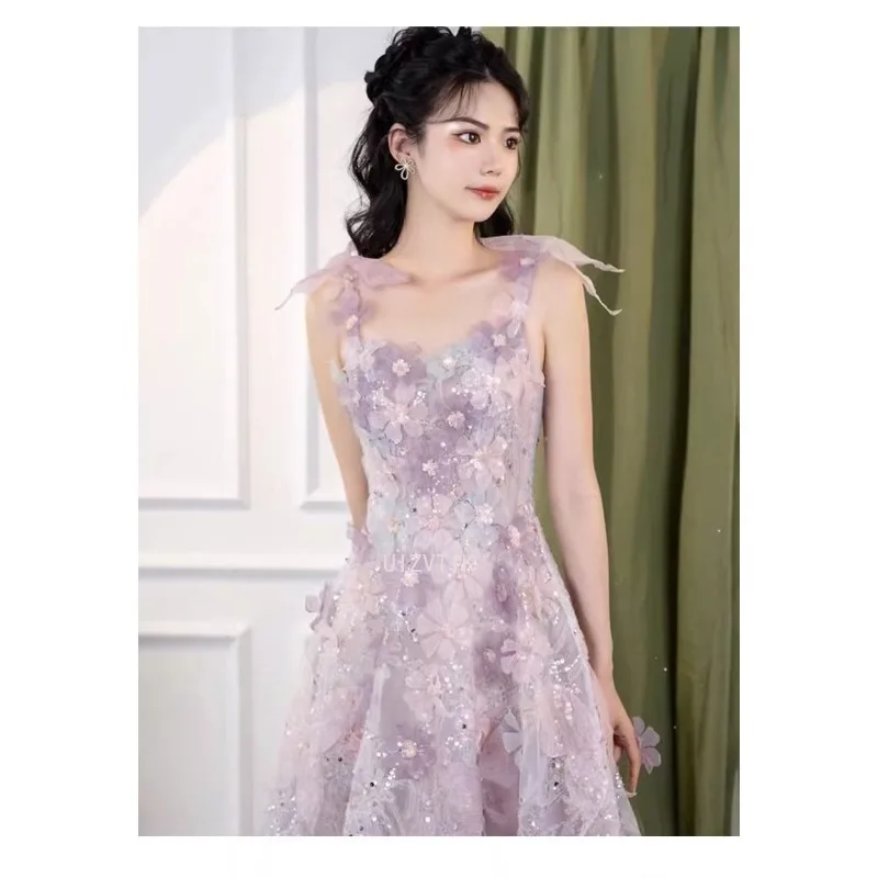 ライト高級女性イブニングパーティードレス宮殿スタイルノースリーブ手作りスパンコールアップリケ蝶妖精ウエディングドレス Vestidos