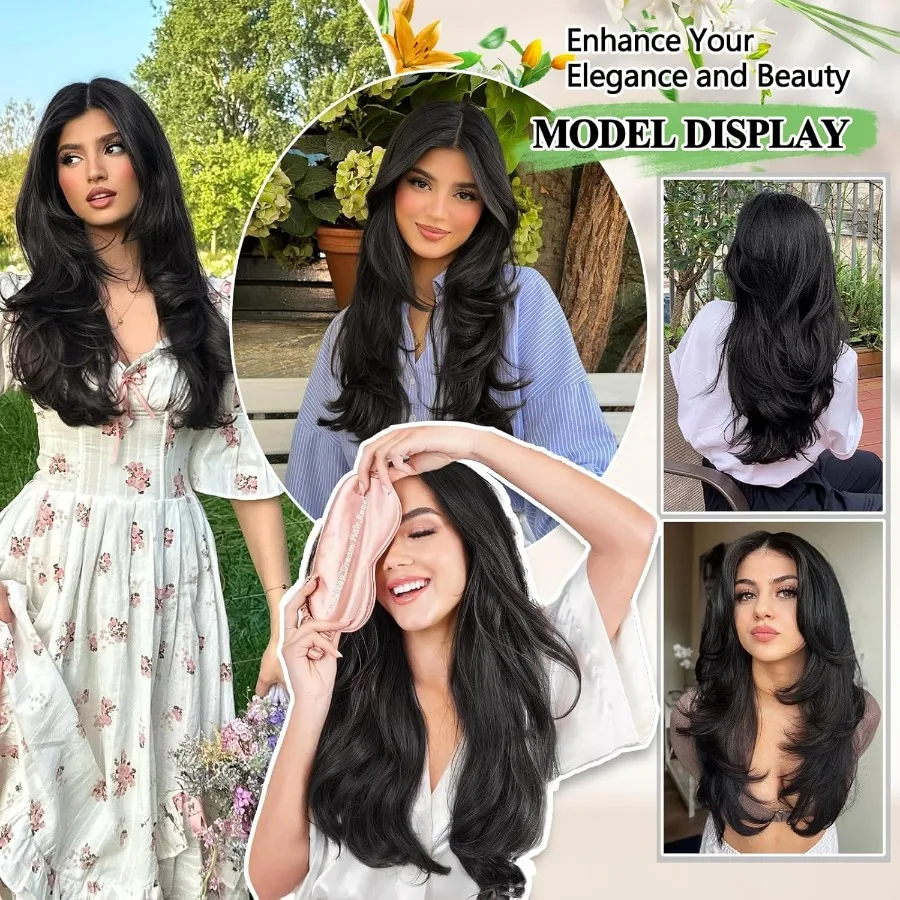 وصلات شعر بمشبك أسود طويل الطبقات بطول 20 بوصة للنساء وصلات شعر صناعية مقاومة للحرارة مثالية للاستخدام اليومي في حواء الطلق