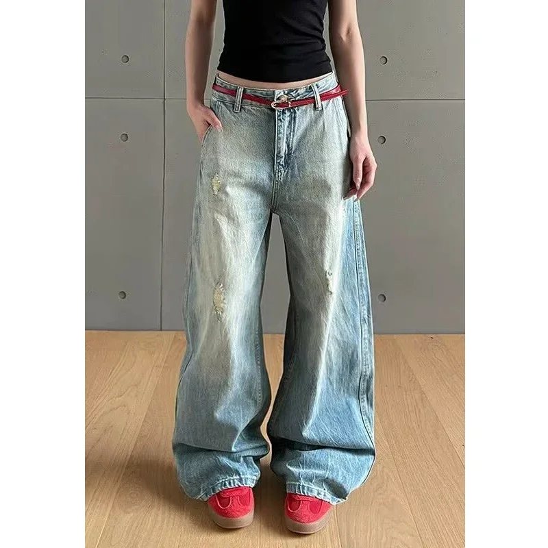 

Retro American Waed Distred Knife Jeans Women Vintage High Waist Straight Leg Casual Summer Jeans