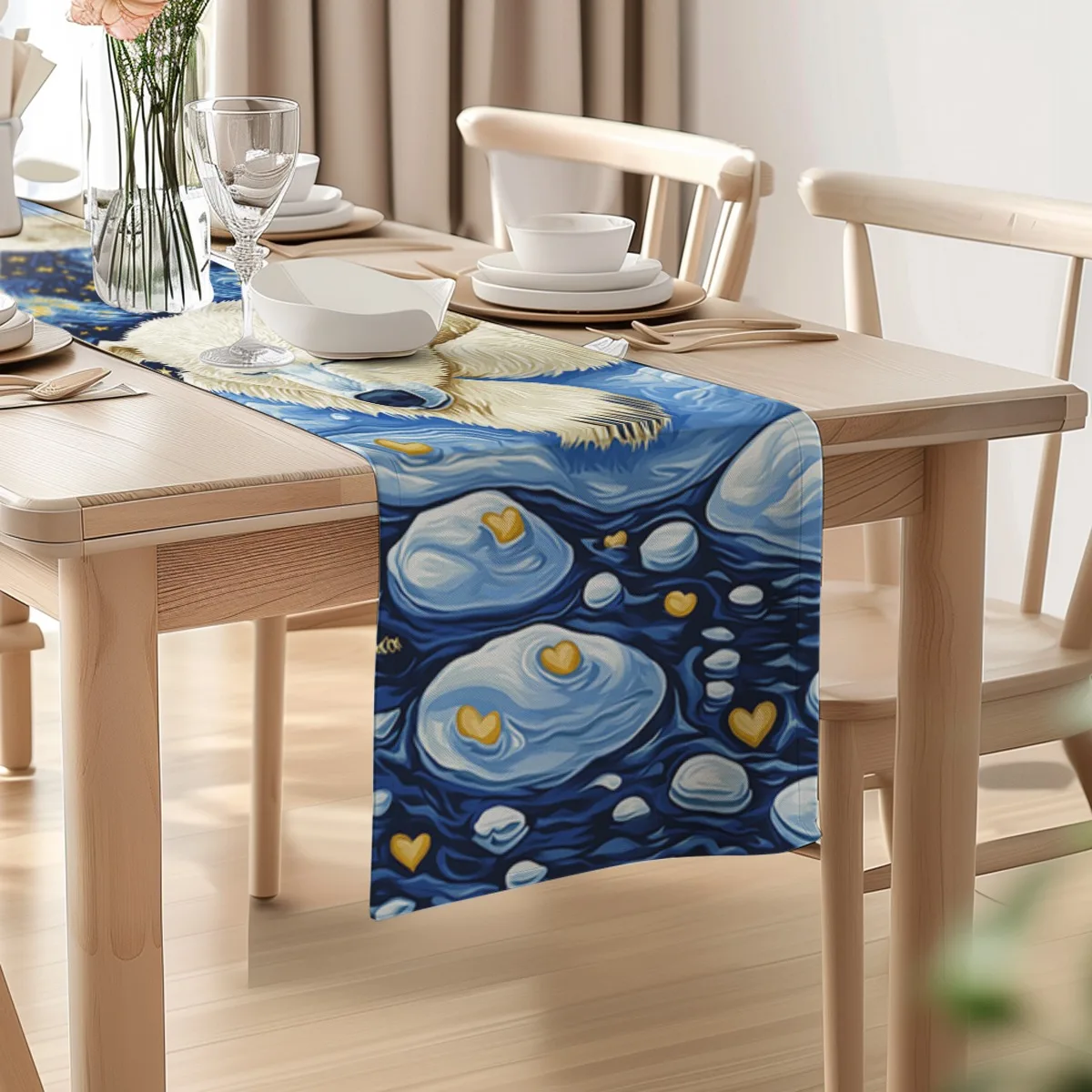 print table runner Polar Bear and Starry Night Impressionism Long cloth Party Decor,Tabletop Protection,Dresser Scarf,Decorative