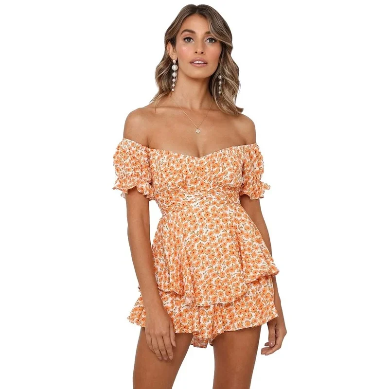 

2024 Print Tie Dye Off-shoulder Ruffles Tube Top Sexy Jumpsuits Women Summer Orange One-piece Shorts Casual Gentle Playsuits New