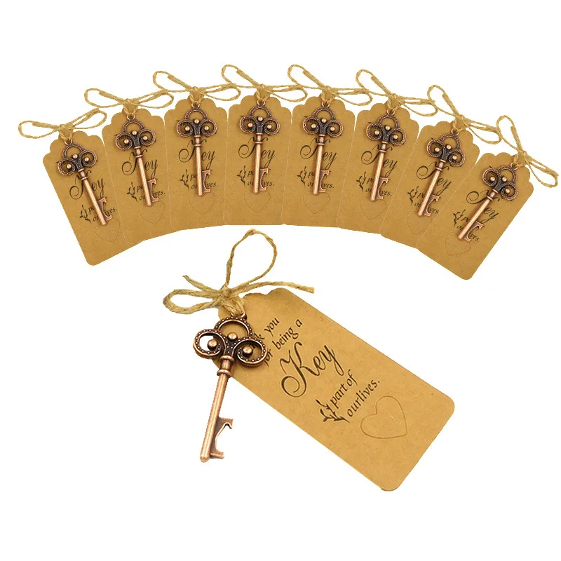 

100Pcs Cheap Wedding Anniversary Favors Vintage Skeleton Key Bottle Opener Gift With Escort Tag Cards Party Decoration Pendants