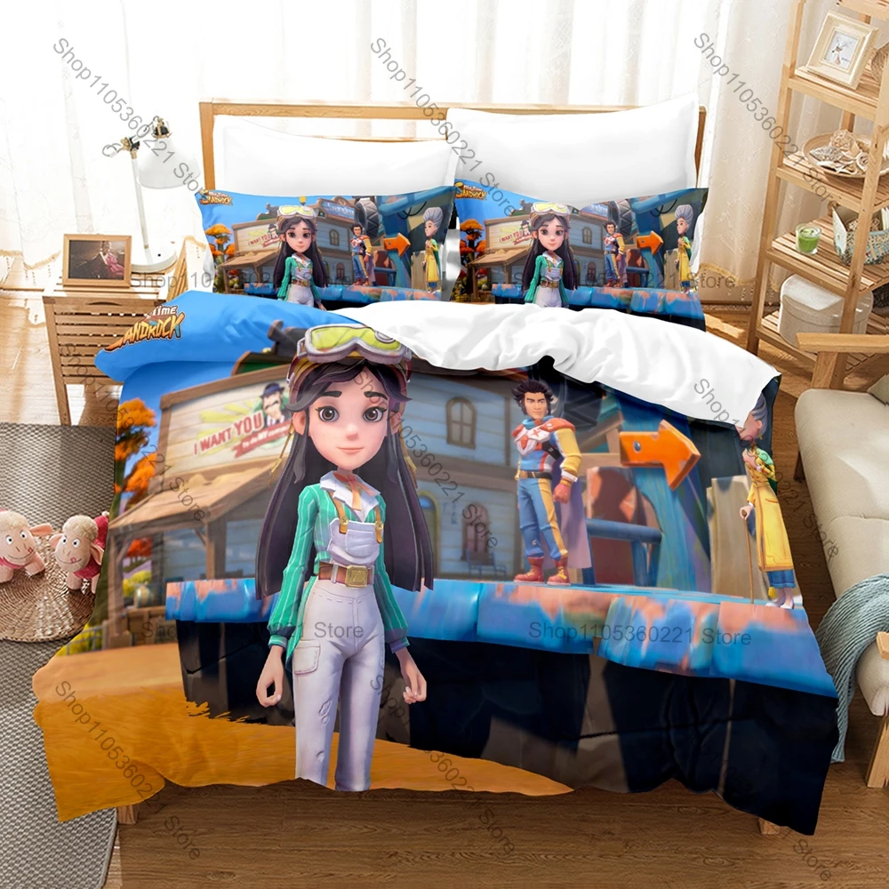 Cartoon Sandrock Town Builder Life Graphic Game Bedding Set Duvet Cover With 2 Pillowcases Youth Bedroom Decoration