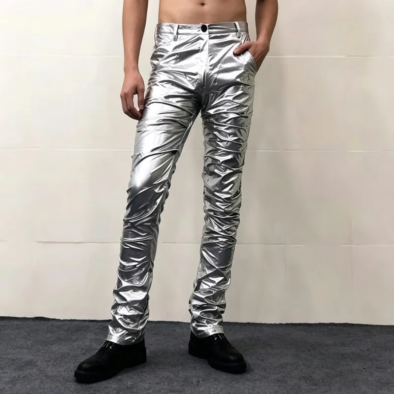 Men's Slim Fit PU Leather Motorcycle Pants Black Silver Pleated Elastic Waist Tight for Singer Dancer Stage Nightclub Costume ﻿