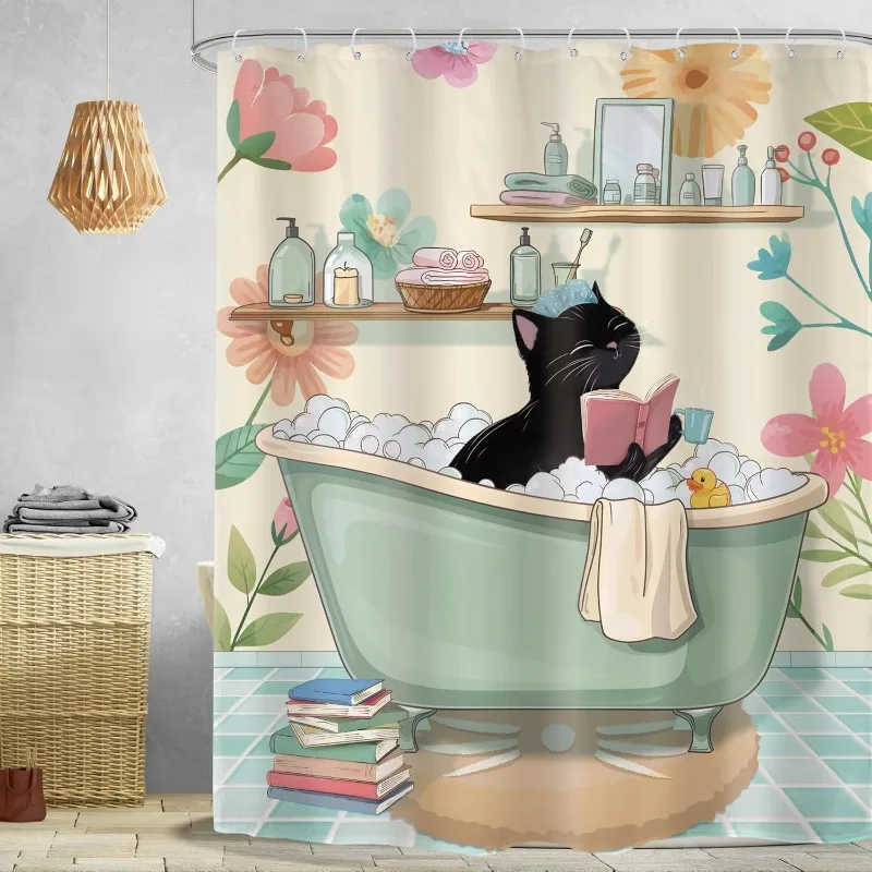 Funny Black Cat Shower Curtain with Mint Green Bathtub & Pink Bath Design - Cute Kitten & Tulip Leaf Pattern, High Quality Bathr