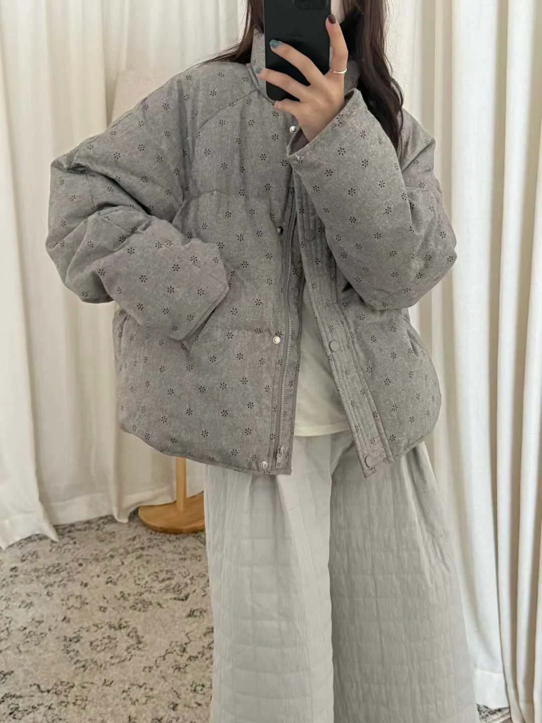 

Winter Thiened ort Du down Jaet Women's Stand Collar Floral Print Bread Sle Coat Warm Casual Commute Faion