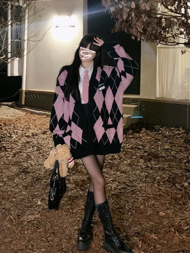 Women Fashion Diamond pattern V-neck Knittted Loose Sweater Long Sleeve 2023 Spring Autumn Tops High street