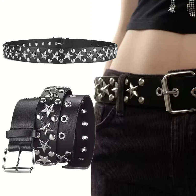 الرجعية برشام جوفاء رصاصة الديكور حزام أزياء جلدية رصع القوطي روك البرية قابل للتعديل المرأة فاسق الحزام الأسود