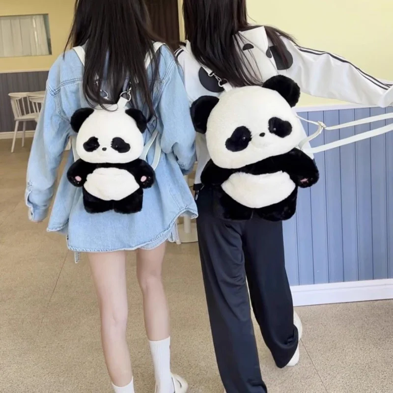 Cartoon Cute Panda Shape Backpack Nylon Plush Material 2 Sizes Available Removable Shoulder Strap Bag Fashion Women\'s Makeup Bag