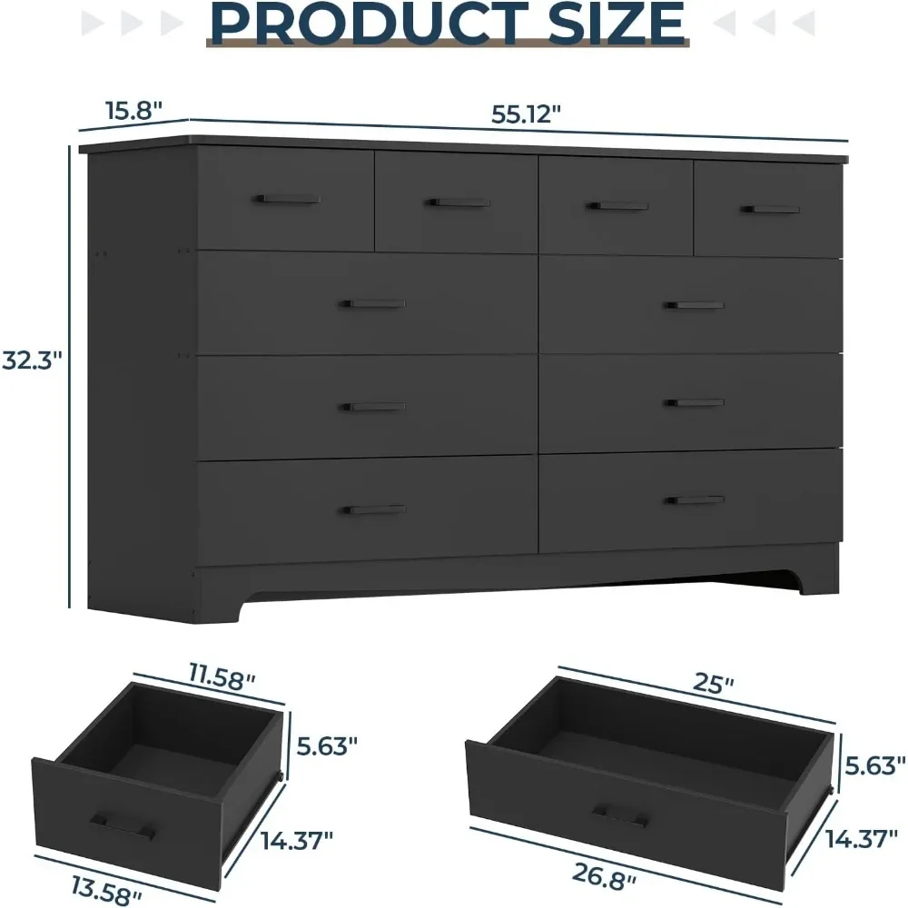 Dresser for Bedroom with 10 Drawers, Large Chest of Drawers Storage Organizer,Dresser TV Stand with Power Outlets,Wide Dresser