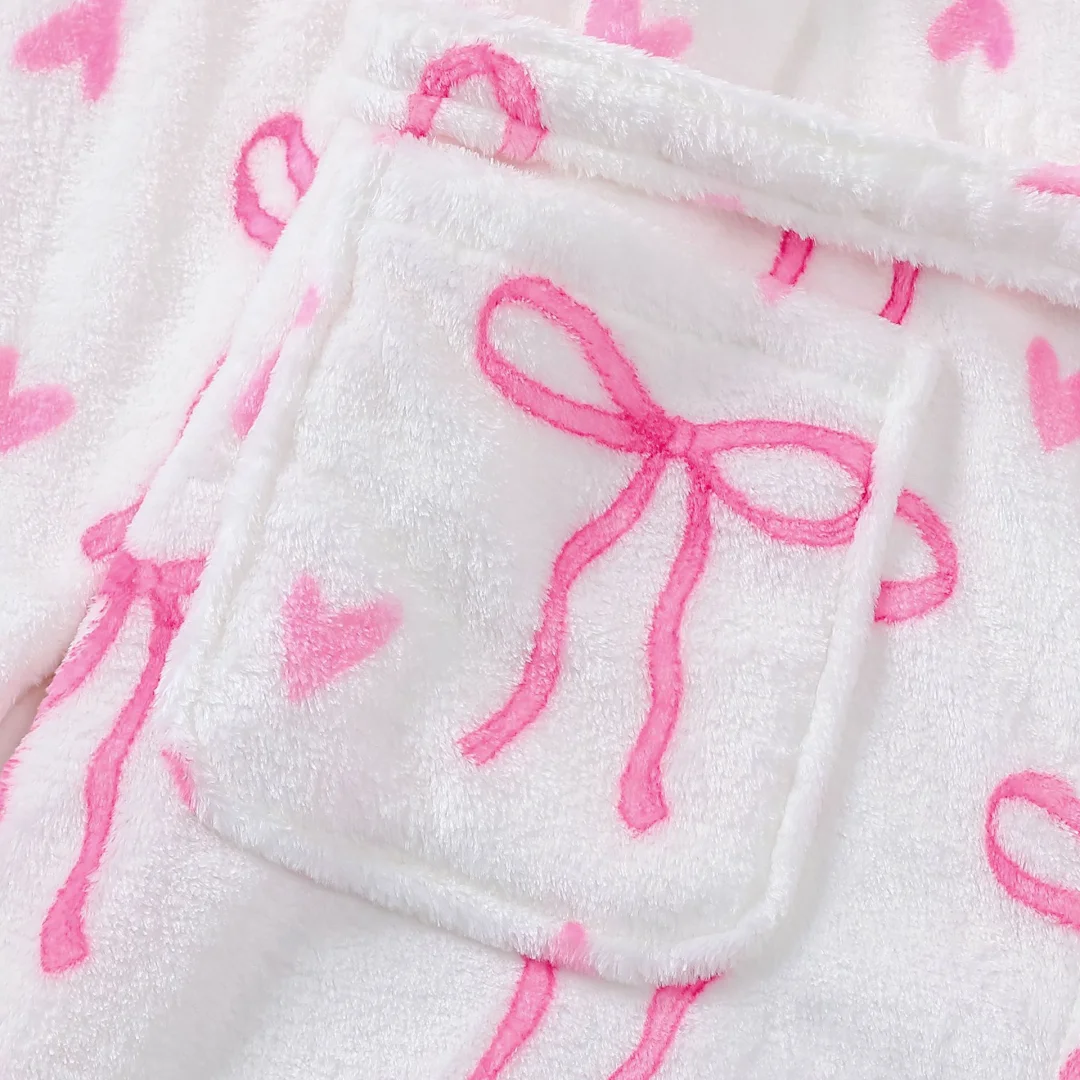 بيجامة نسائية بطابع عيد الميلاد بفيونكة وردية مطبوعة من الفلانيل ثوب نوم مخملي ثوب نوم ملابس منزلية ملابس نوم قماش شتاء دافئ