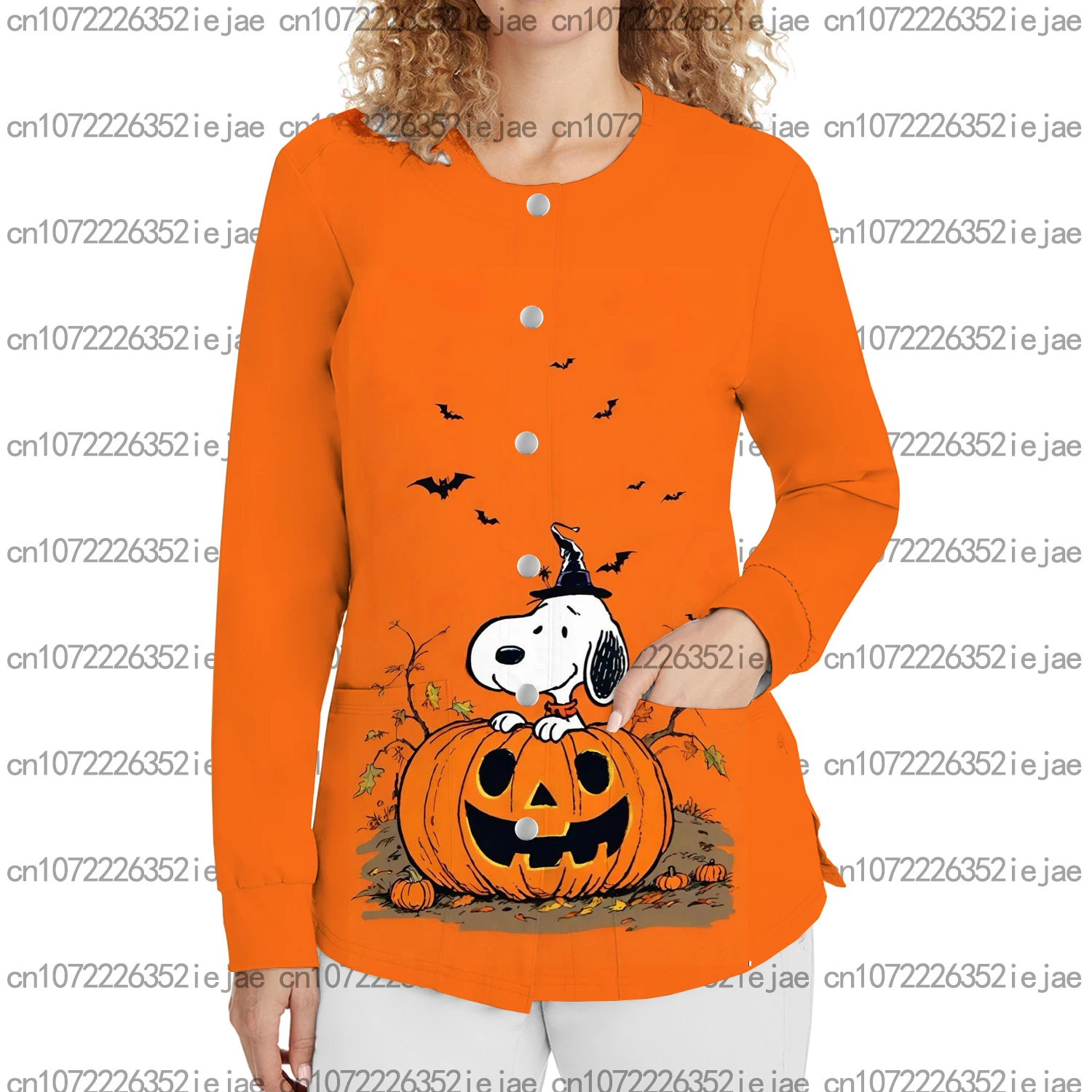 여성 캐주얼 간호복 싱글 브레스티드 프린트 가디건 만화 스누피 탑 라운드 넥 재킷 간호 작업복