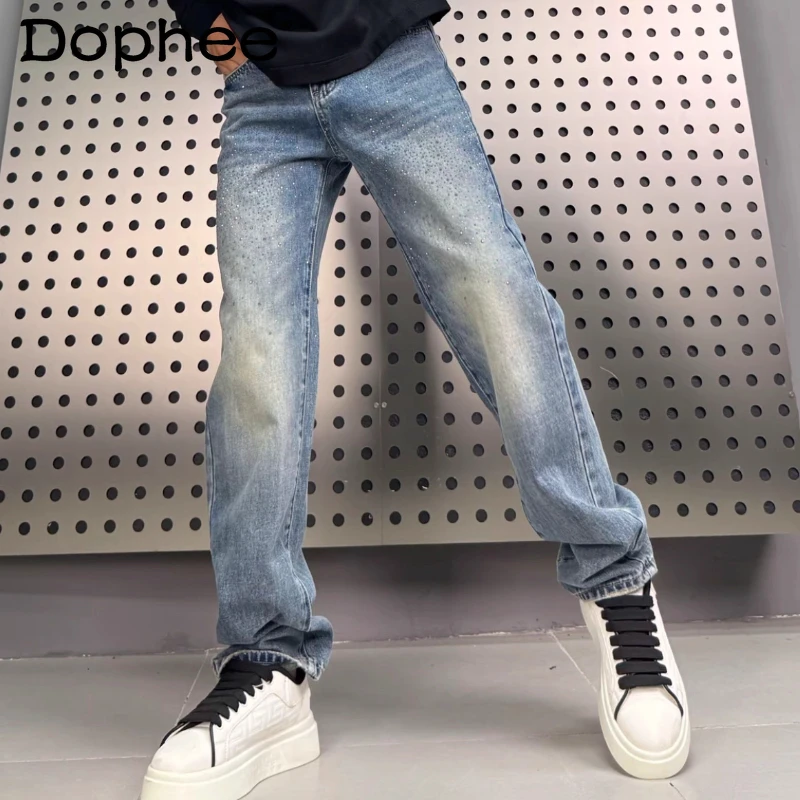 

2025 Men's New American Style Personality Rhinestone No Elastic Design Jeans Fashion Versatile Light Luxury Straight Denim Pants