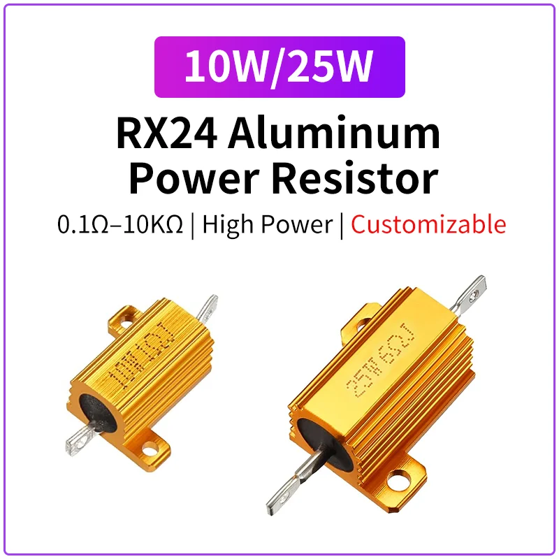 1PCS RX24 Aluminum Power Resistor 10W 25W Wirewound Metal Shell 0.01Ω~30KΩ 0.1 1 2 3 4 5 6 8 10 20 25 100 150 1K 10K Ohm