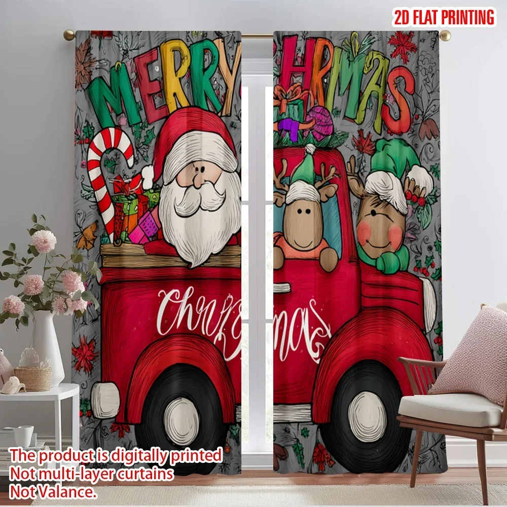 2pcs,2D plane printing Curtain Fabric Santa Claus & Elk Car Durable Polyester (without rod) Holiday Ldeal for Bedroom Living