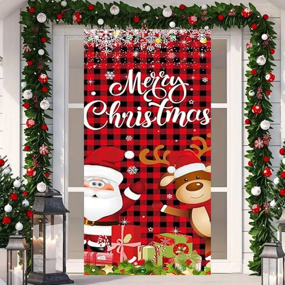 Christmas Party Backdrops Santa Claus Door Banner Ornaments Door Cover Banner Background Indoor Outdoor Porch Decoration