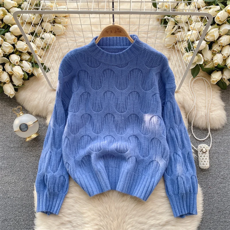 Autumn New Women Twist Knitted Sweater Short Pullover Tops Round Collar Long Sleeve Bottoming Knitwear Jumper Purple Green Blue