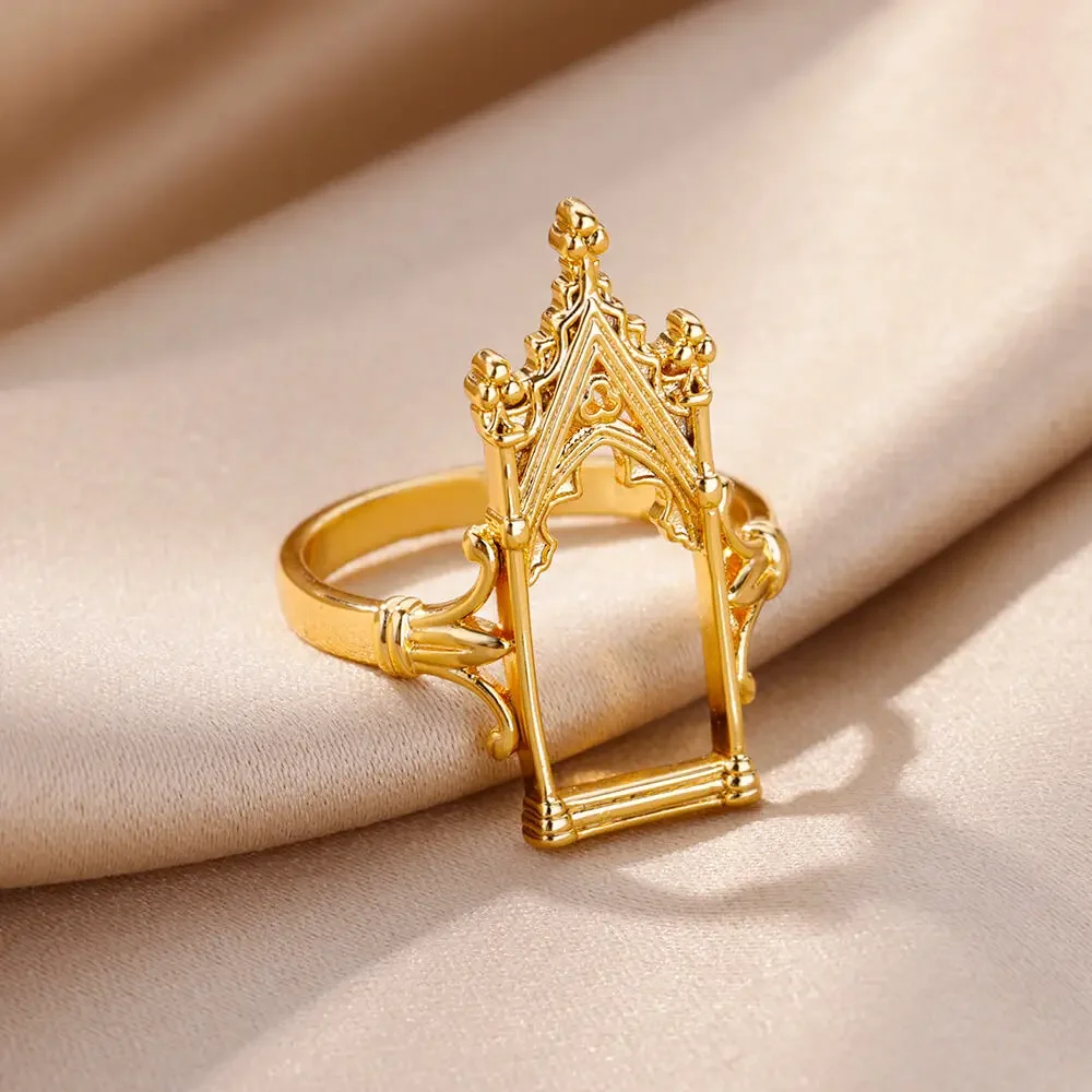 Stainless Steel Magic Mirror Rings For Women Gold Plated Aesthetic Wedding Ring Castle Flower Leaf Crown Design Luxury Jewelry