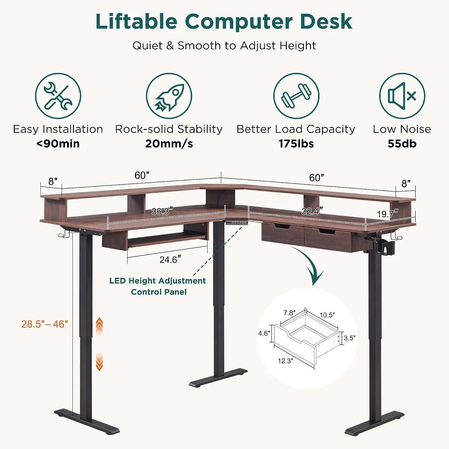 60 Inches L Shaped Electric Standing Desk 2 Tier, Dark Walnut, Customized