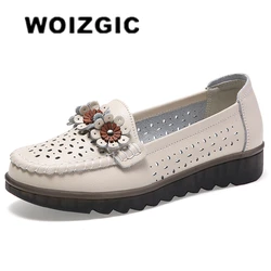 WOIZGIC kobiety kobiece panie matka oryginalne skórzane buty mieszkania mokasyny platforma Hollow Slip On letnie fajne kwiaty mokasyny