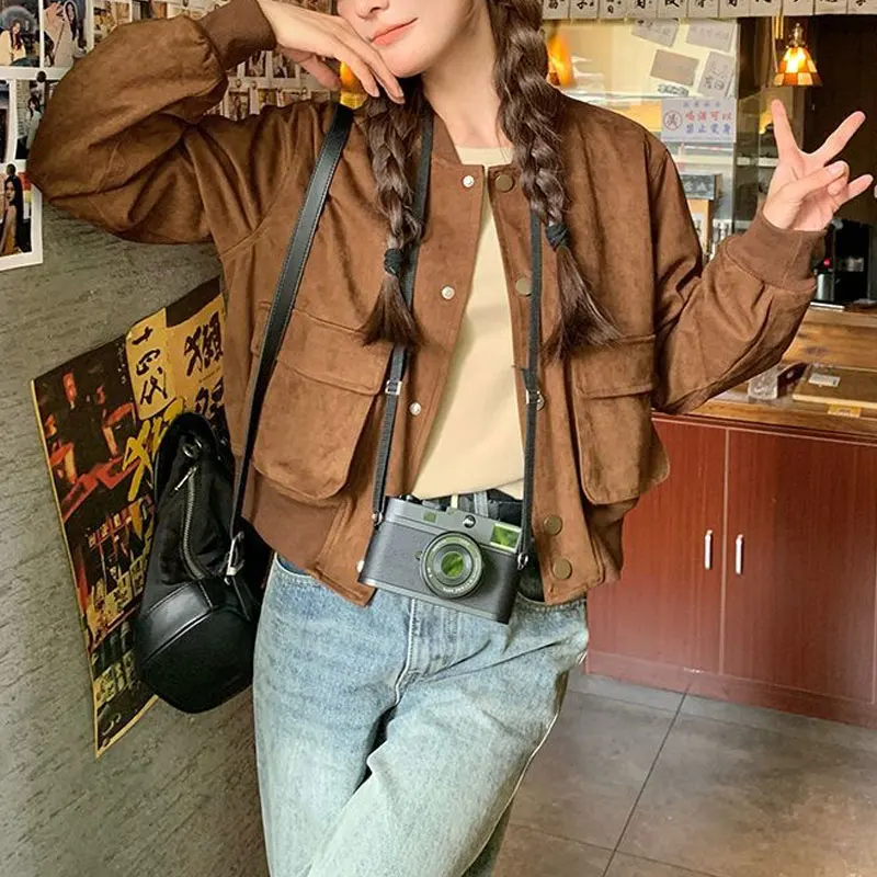 Female Clothing Maillard Retro Coats Imitation Suede Autumn Winter Baseball Collar American Loose Single-breasted Short Jackets