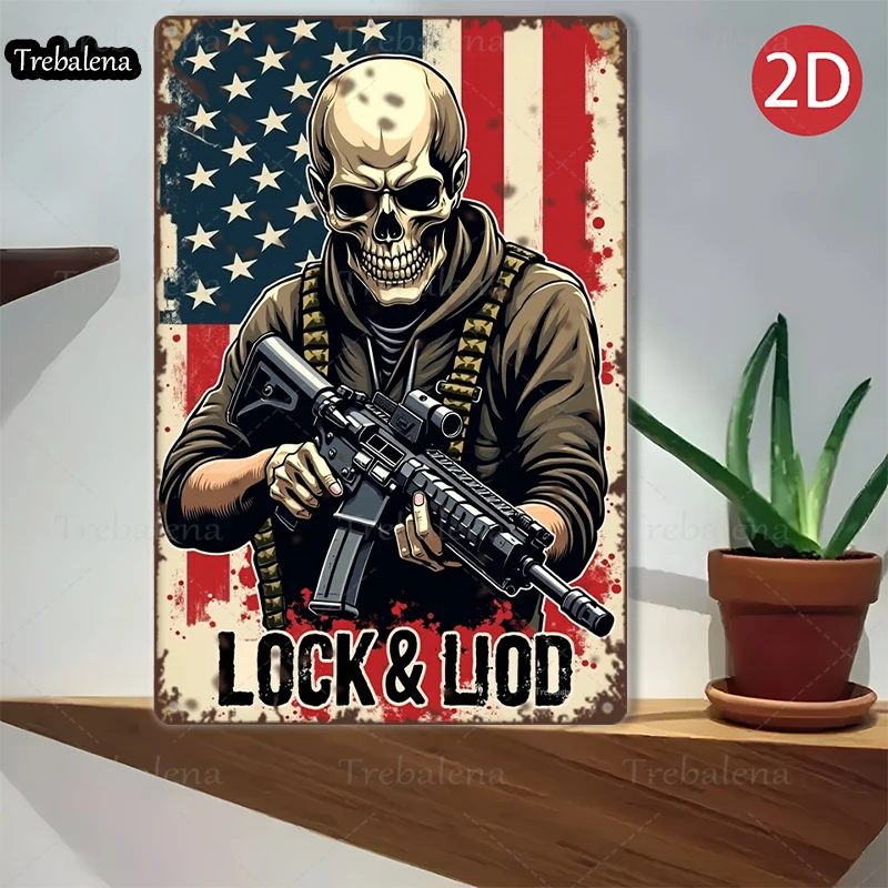 1PC 2D Flat 8*12inch Metal Sign Skull Soldier Lock and Load American Flag Art