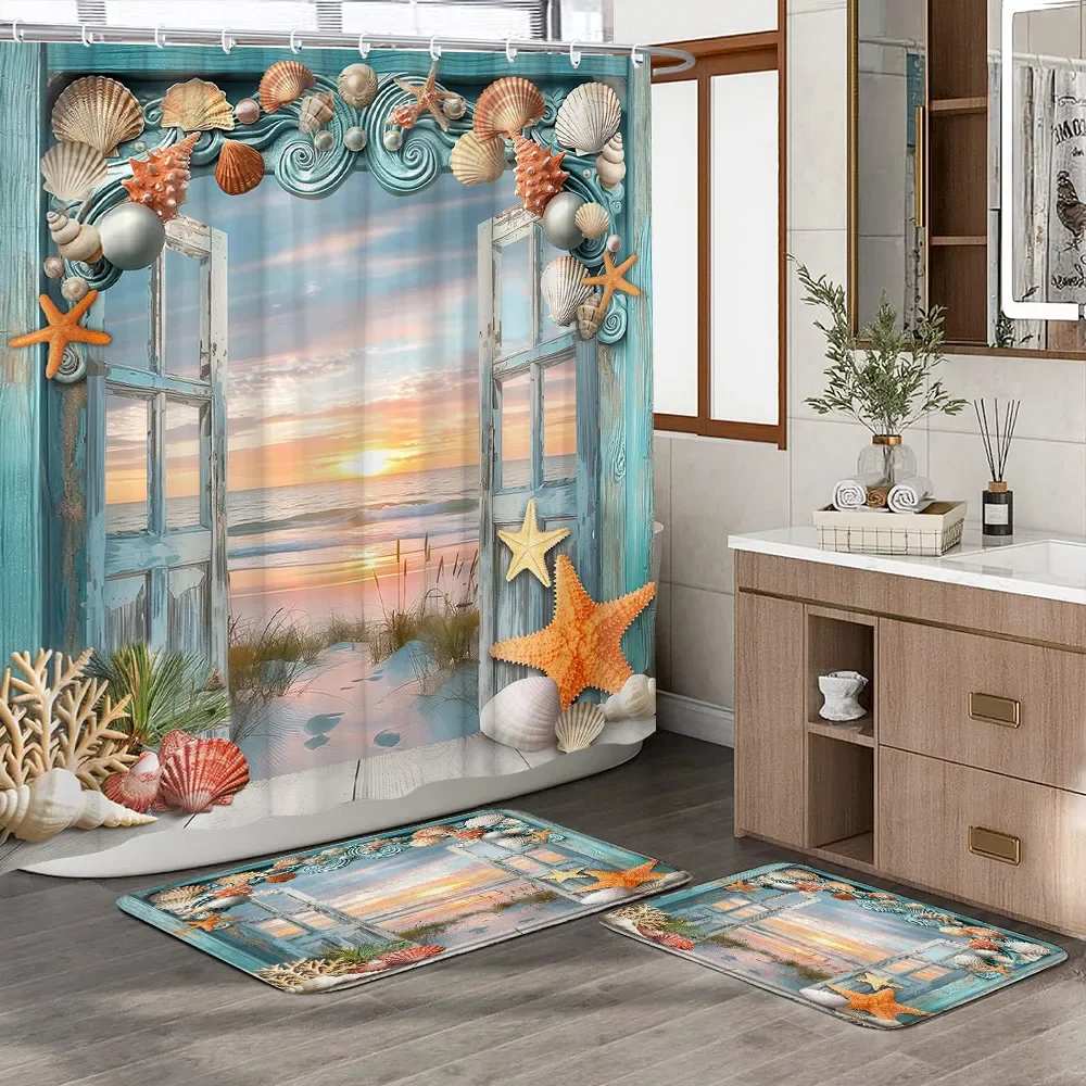 Beach Sunrise Scenery Shower Curtain Outside Door Window Shell Starfish Decorative Blue Wooden Door Shower Curtain Bath Mats Set