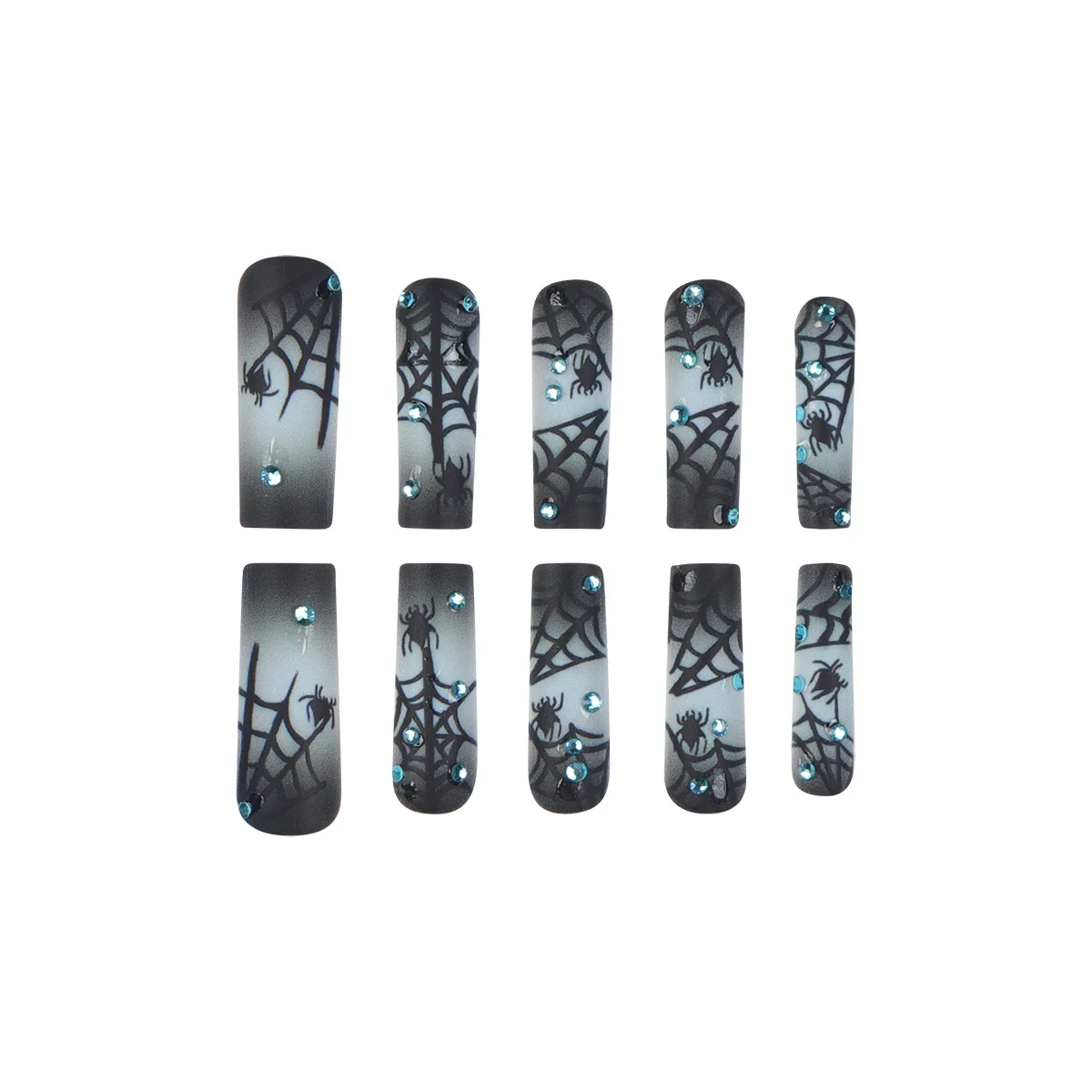 24 Stück dunkelschwarze lange Sarg-Kunstnägel, schwarz, weiß, bunt bemalt, Spinnennetz-Design, künstliche Nägel, Halloween-Thema, zum Aufdrücken der Nägel