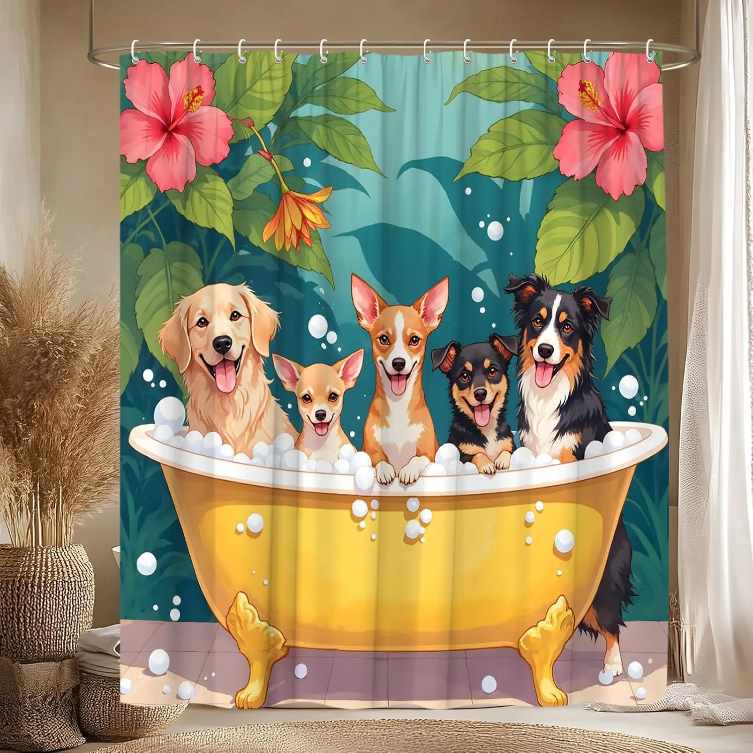 

Занавеска для душа с забавными собаками, милый щенок в ванне, пузырьковый тропический розовый цветочный зеленый лист, милые домашние животные, акварель, джунгли, природа