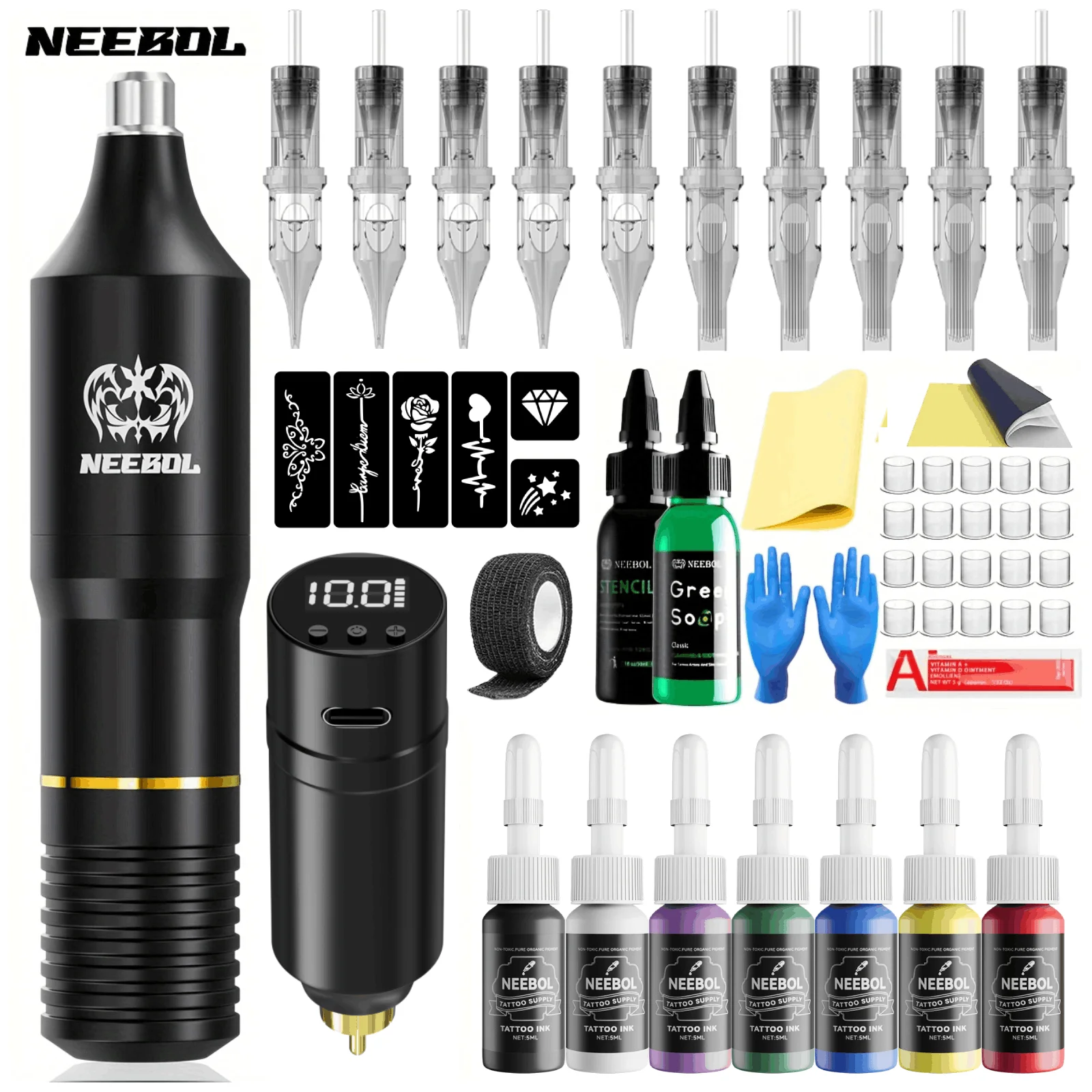 

Neebol Complete Tattoo Pen Kit, Rechargeable Rotary Tattoo Gun, Cordless Tattoo Pen Equipment Supply,10 ink, 20 needles