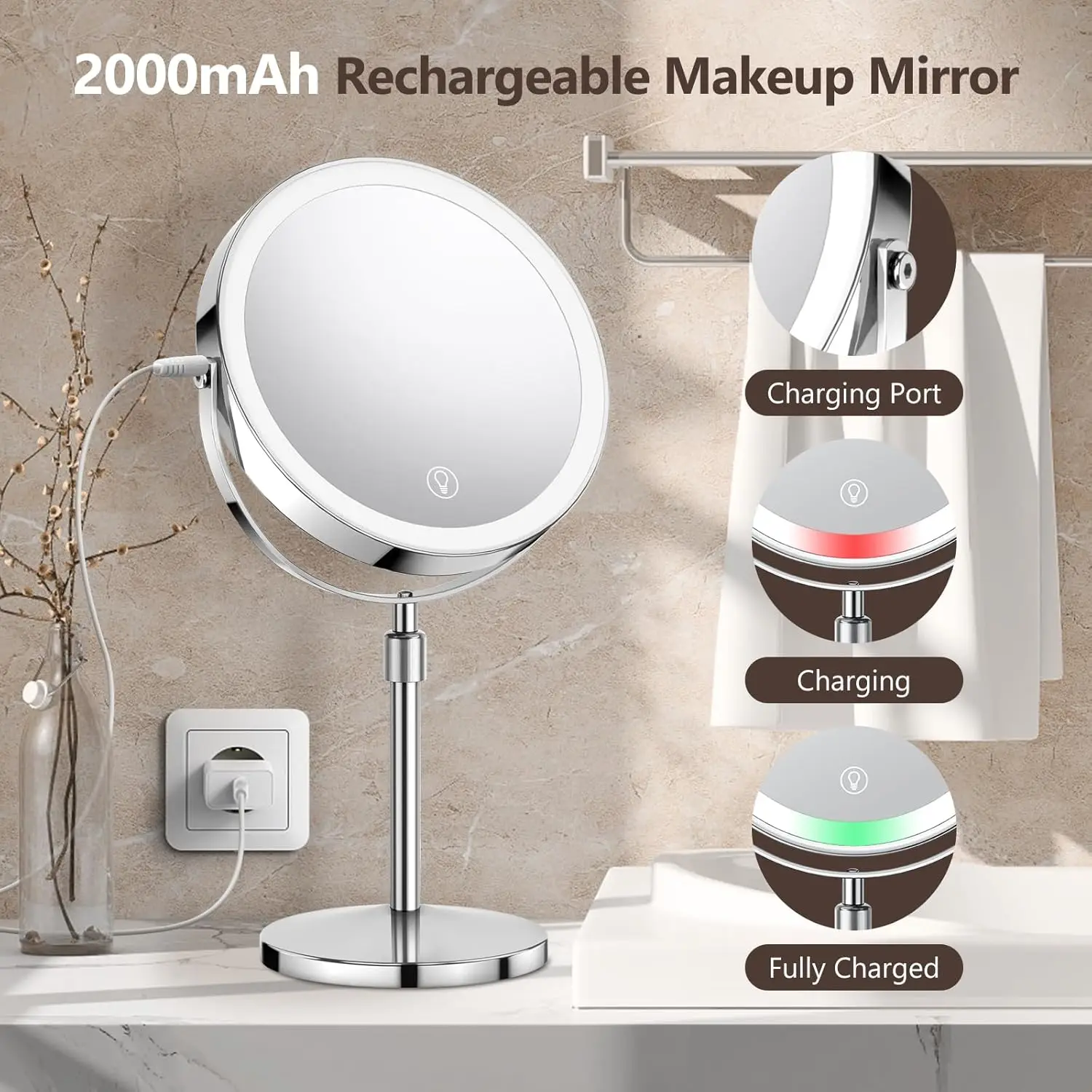 Miroir de maquillage éclairé grossissant 1x/10x avec miroir de vanité 3 couleurs miroir cosmétique Double face réglable en hauteur Rechargeable