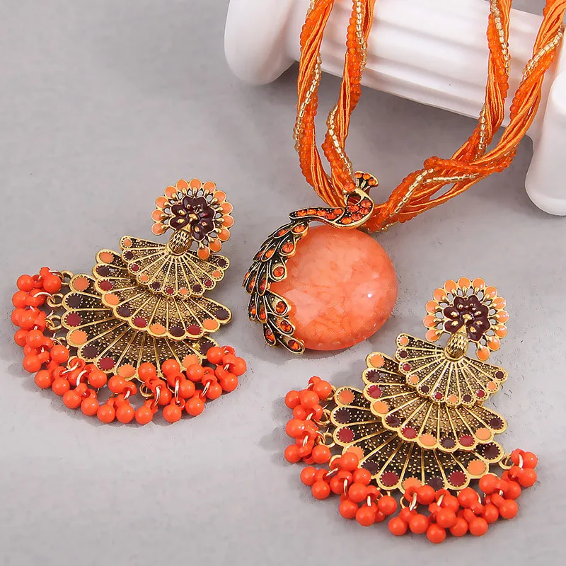 New Vintage Orange Jewelry Sets Handmade Beads Choker Necklace Earrings Set For Women Bijoux Statement Collar Necklaces Set