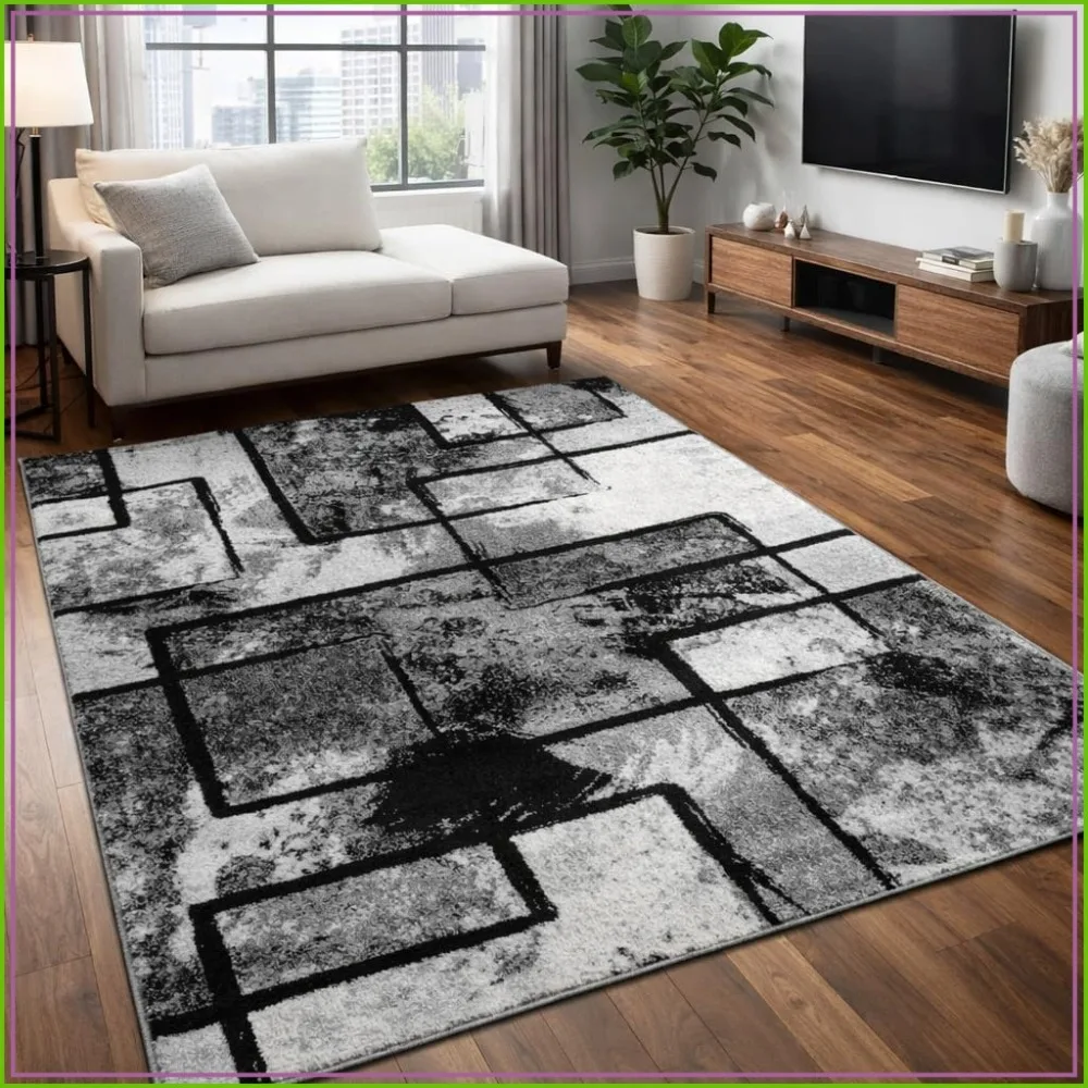 Paco Home Area Rug Modern Abstract Paint Effect Black Grey 7'10