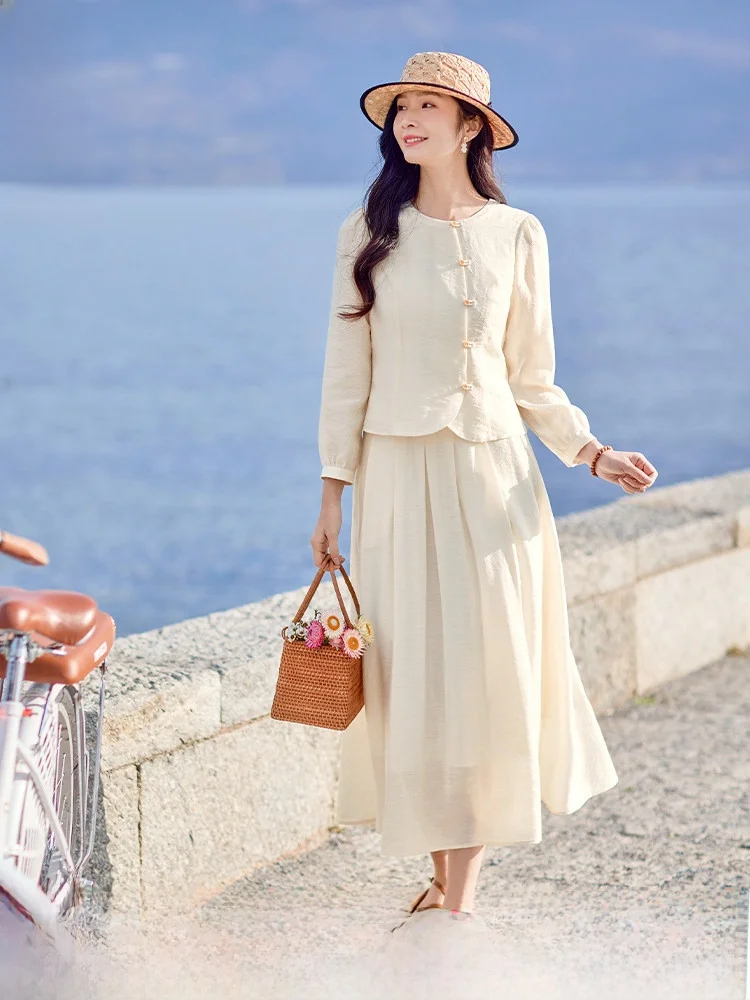 

Юбка Ele Midi бежевого цвета с широким подолом для женщин, повседневная юбка со средней талией, дизайн трапециевидной формы, чистый цвет