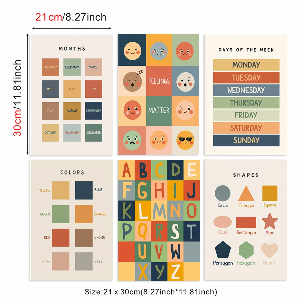 Set of 6 Kids Learning Canvas Poster Alphabet Colors Shapes Months Week Feelings Classroom Wall Decor Bedroom Playroom Nursery