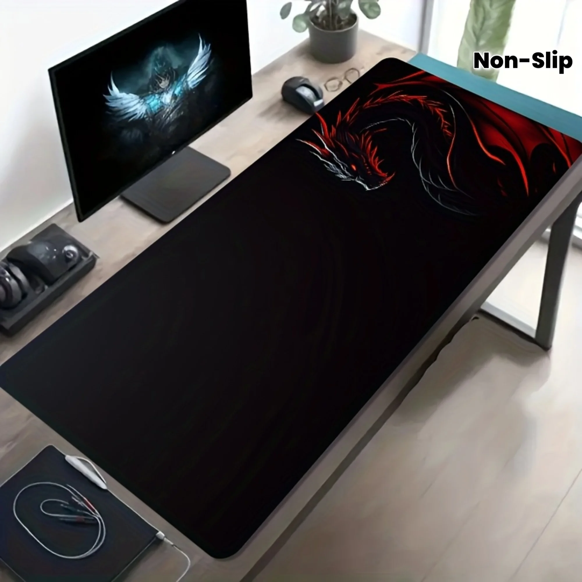 

Large Gaming Mouse Pad Striking Red Black Sci-Fi Dragon Design with Non-Slip Washable Rubber Desk Mat for Office Computer Decor