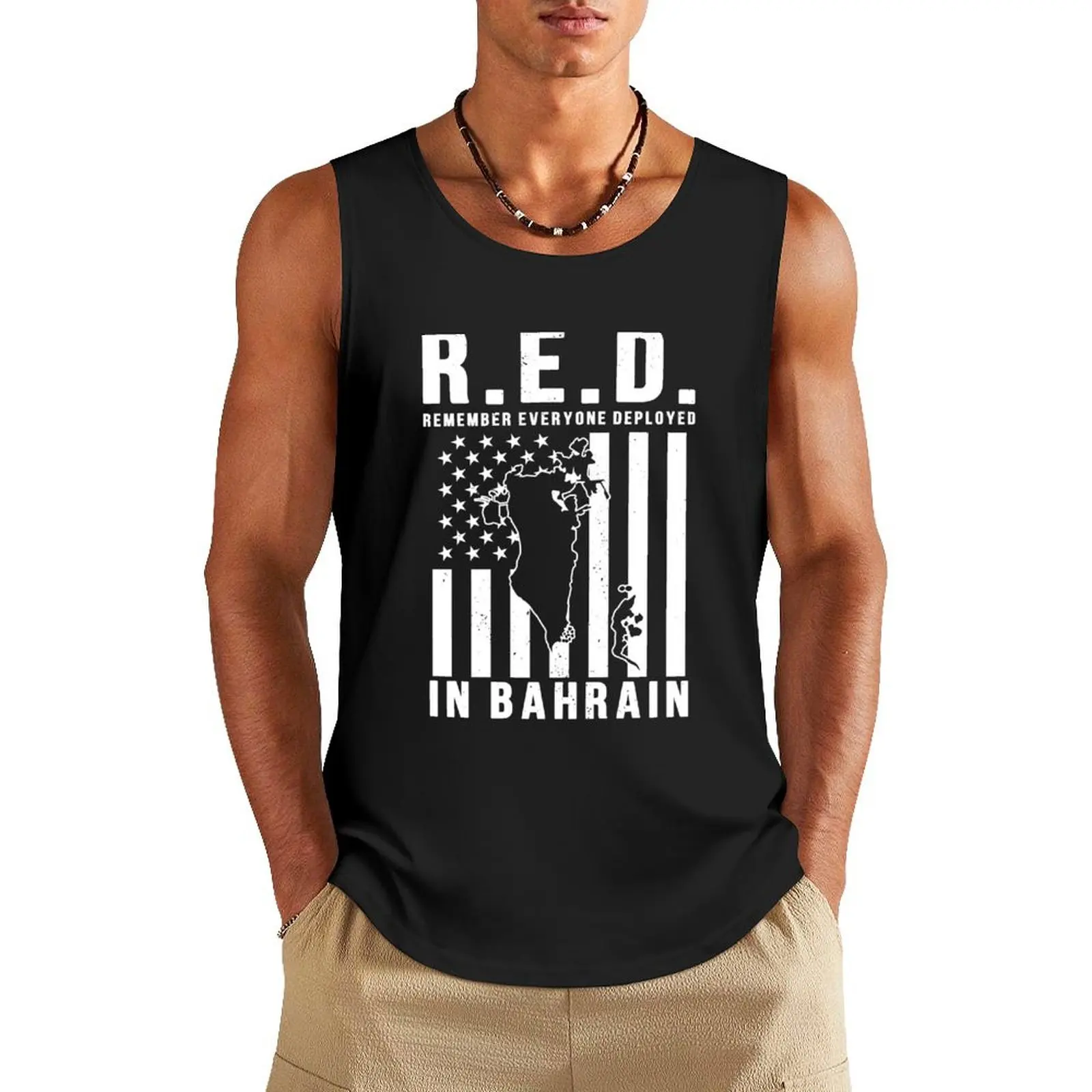 RED Friday Remember Everyone Deployed in Bahrain Tank Top muscular man bodybuilding