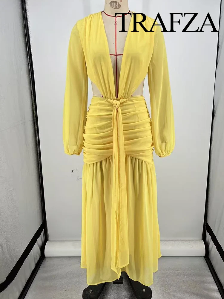 

TRAZFA Women Summer Beach Vocation V-neck Hot Sexy Chiffon Midi Long Sleeves Dress Female Hollow Out Lace Up Pleated Long Dress