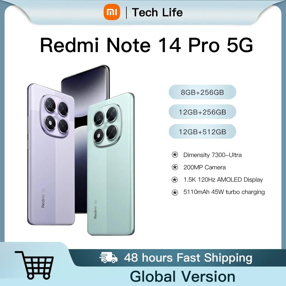 Redmi Note 14 Pro 5G Глобальная версия Смартфон Размер 7300-Ультра NFC Камера 200 МП AMOLED-дисплей 1,5K 120 Гц