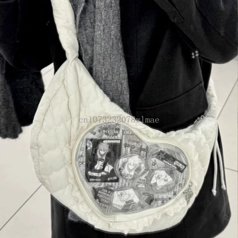 Love Heart Design Ita Bag Cute Kawaii Women Crossbody Bags Pleated Lolita Jk Handbag Girl Transparent Pocket Shoulder Bag Bolso