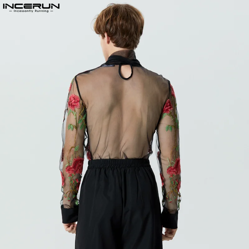 INCERUN Men T Shirt Flower Embroidery Turtleneck Long Sleeve Men Clothing Streetwear 2023 Tie Up Transparent Camisetas S-5XL