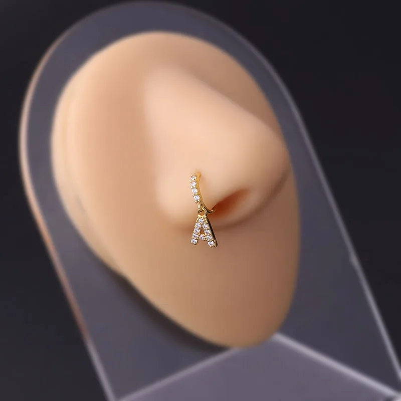 2022 Stainless Steel With A to Z Letters Alphabet Cz Nose Hoop Dangling Nose Ring for Women Piercing Jewelry