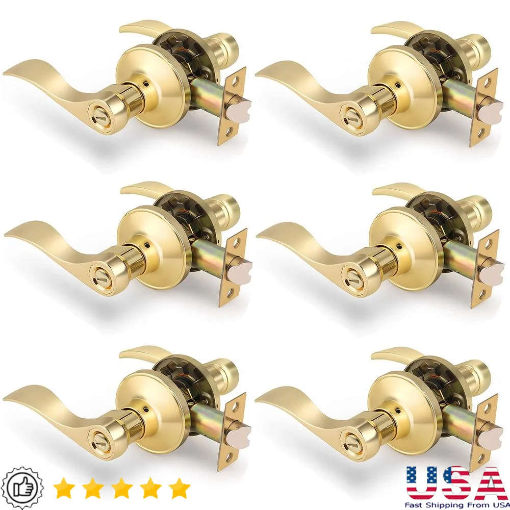 6 Pack Privacy Drop-Style Lever Door Locksets Brass Interior Bedroom Bathroom Easy Installation Reversible Fits 1-3/8