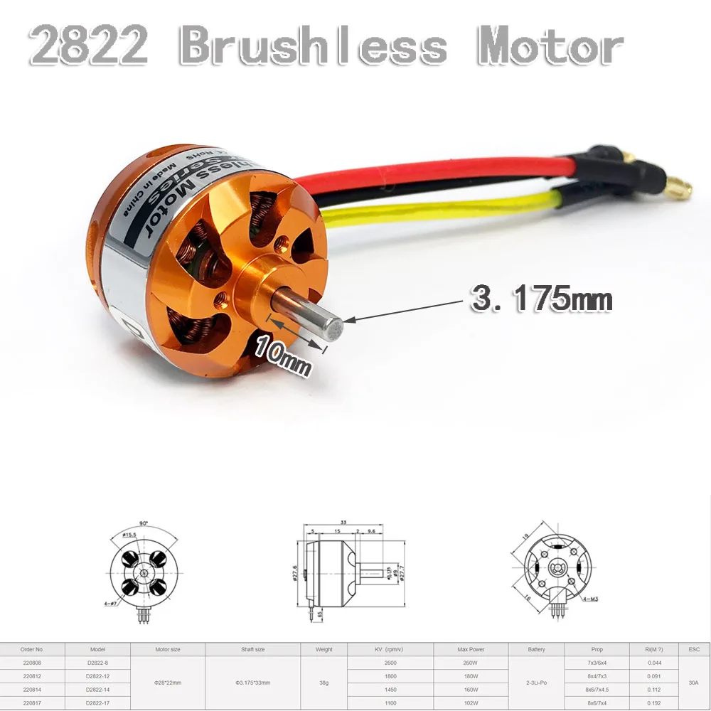 RC Motor D2822 2822 Brushless Motor 1100KV 1450KV 1800KV 2600KV 2-3S for Aircraft Plane Multi-copter Brushless Outrunner Motor - Image 6