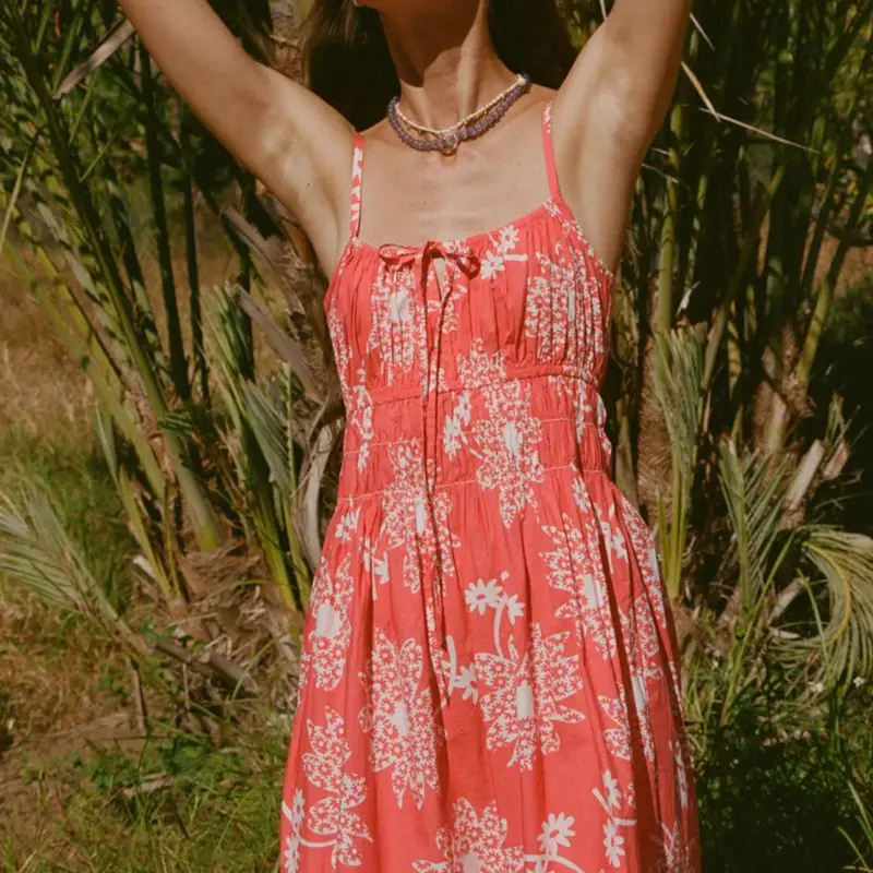 ผู้หญิงฤดูร้อน Boho Beachwear สีทึบ/ดอกไม้พิมพ์สปาเก็ตตี้สายคล้องคอ LACE-up A-Line MIDI Cami SLIP DRESS