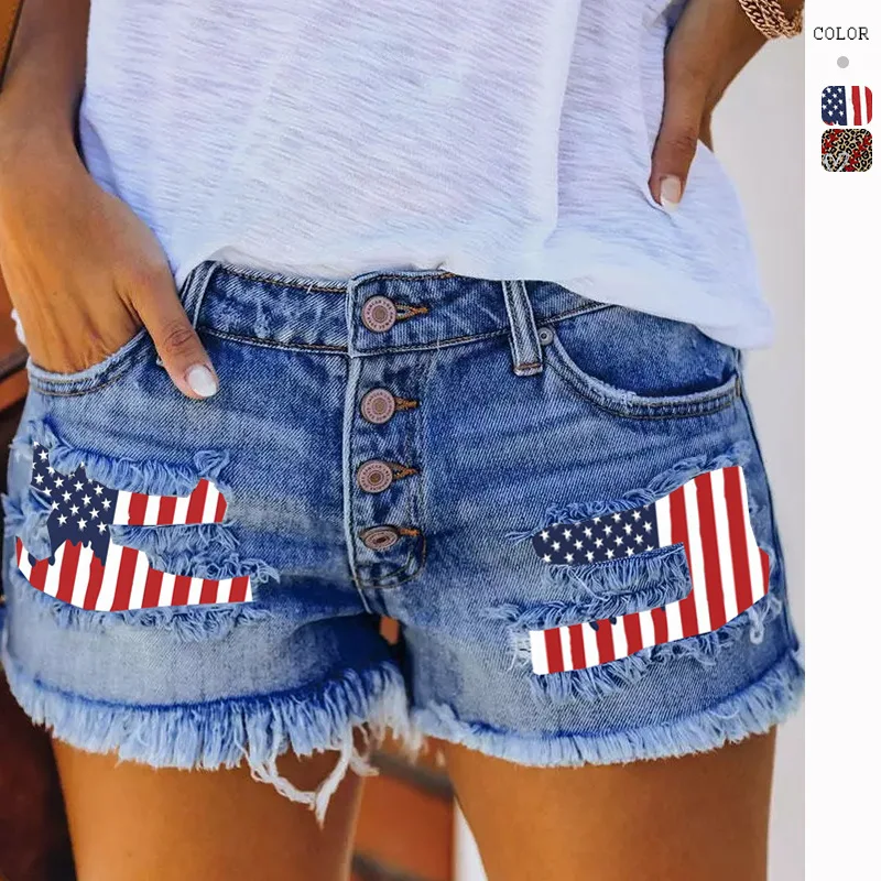 

Casual Women's High Waist Straight Leg Jeans Shorts Spring Summer Print Frayed Tassel Denim Shorts Ladies Premium Fashion