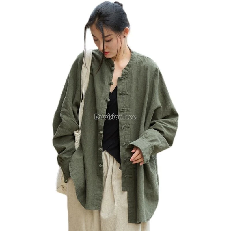 2024 vintage pan button pure cotton coat chinese ethnic solid color simple style sunscreen cardigan literature art tea garment